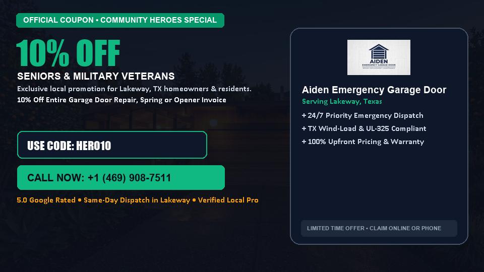 Aiden Emergency Garage Door 10% OFF Seniors & Military Veterans in Lakeway, TX